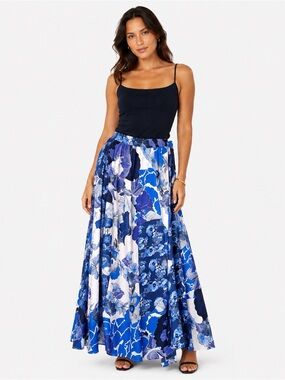 Flint & Moss Beautiful Blue Floral Print Maxi Skirt Satin Size PXL